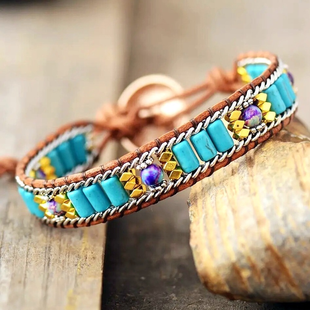 Turquoise Beads Leather Adjustable Artisan Handmade Bracelet